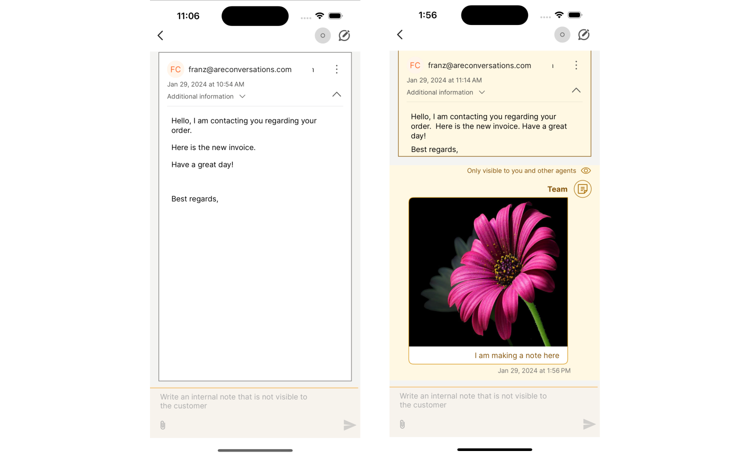 Conversations - Email on mobile app internal notes