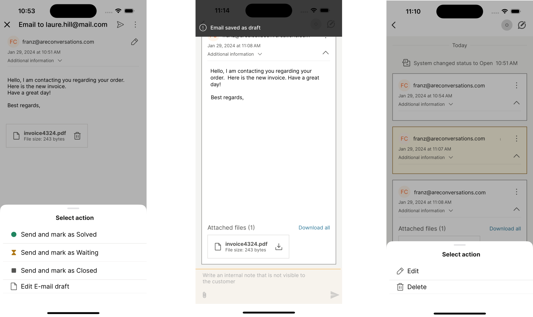 Conversations - Email on mobile app save as draft