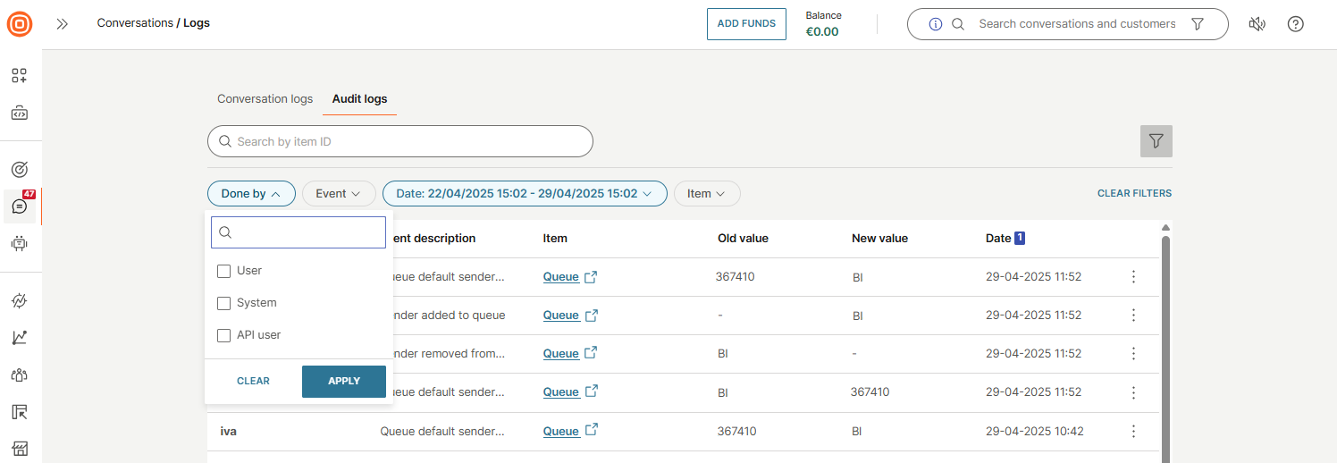 Conversations - Audit logs done by filter