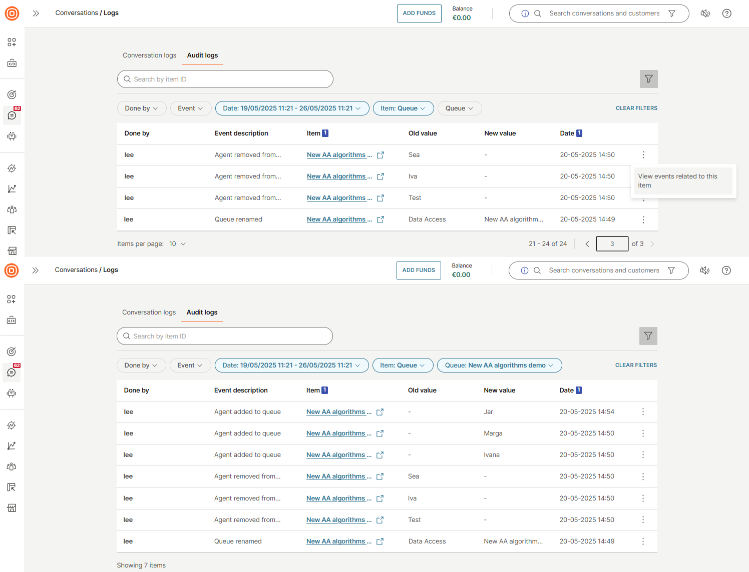 Conversations - Audit logs filters menu