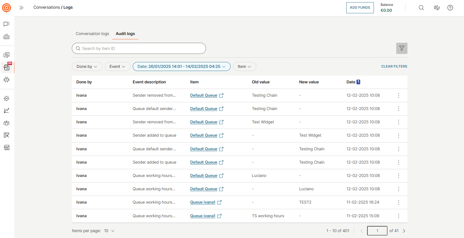 Conversations - Audit logs