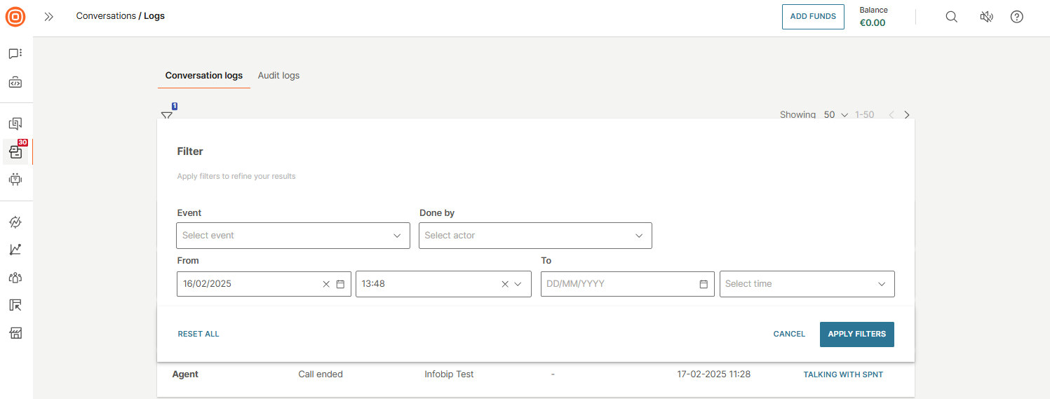 Conversations - Logs filters