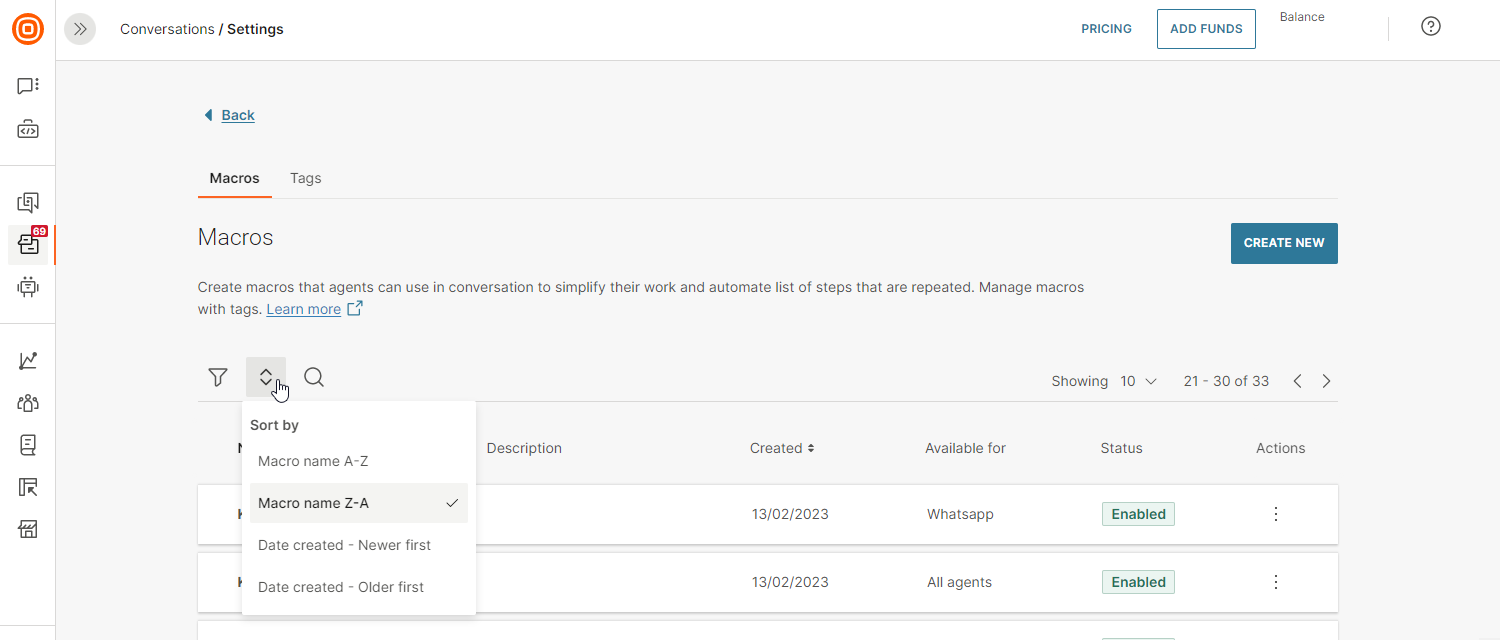 Conversations - Macros sorting by date and name