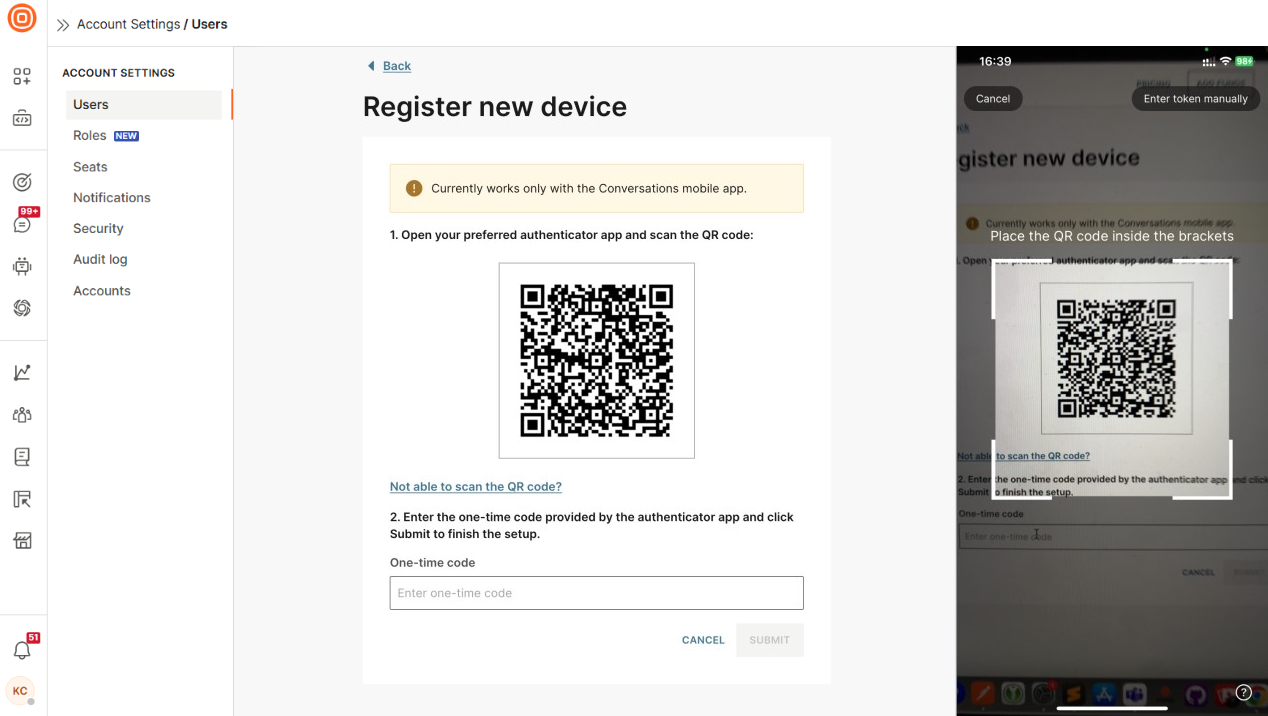 Conversations - TOTP enrollment scan QR code
