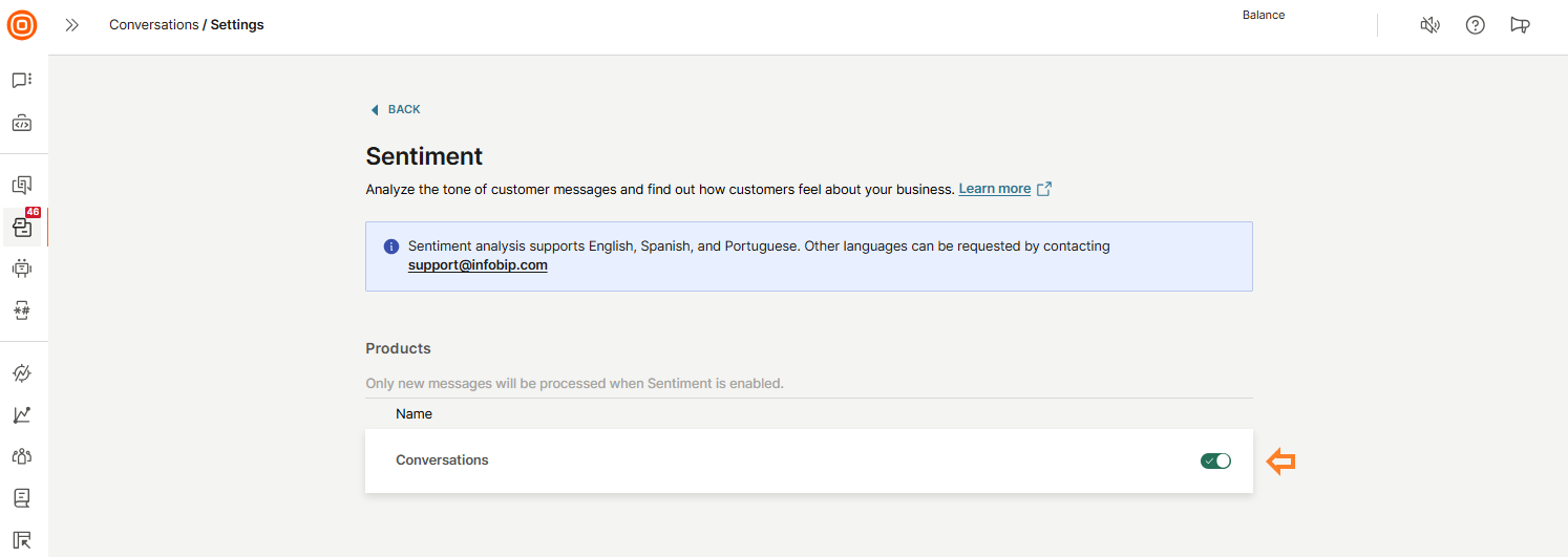 Conversations - Sentiment analysis turned on