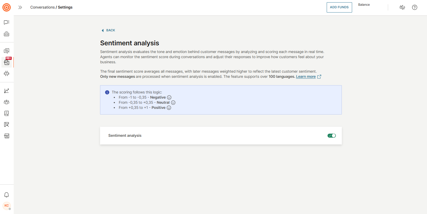 Conversations - Sentiment analysis turned on