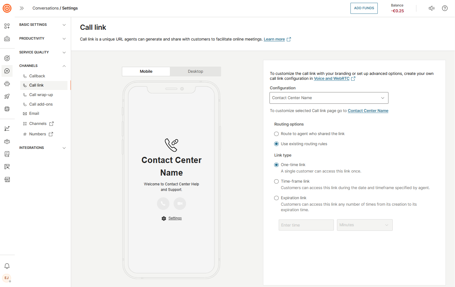 Calls - Create call link