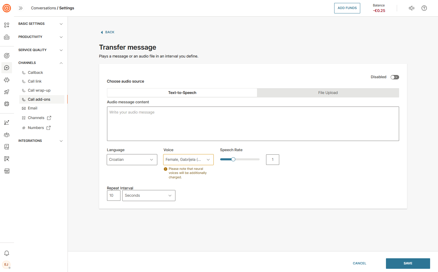 Calls - Transfer message