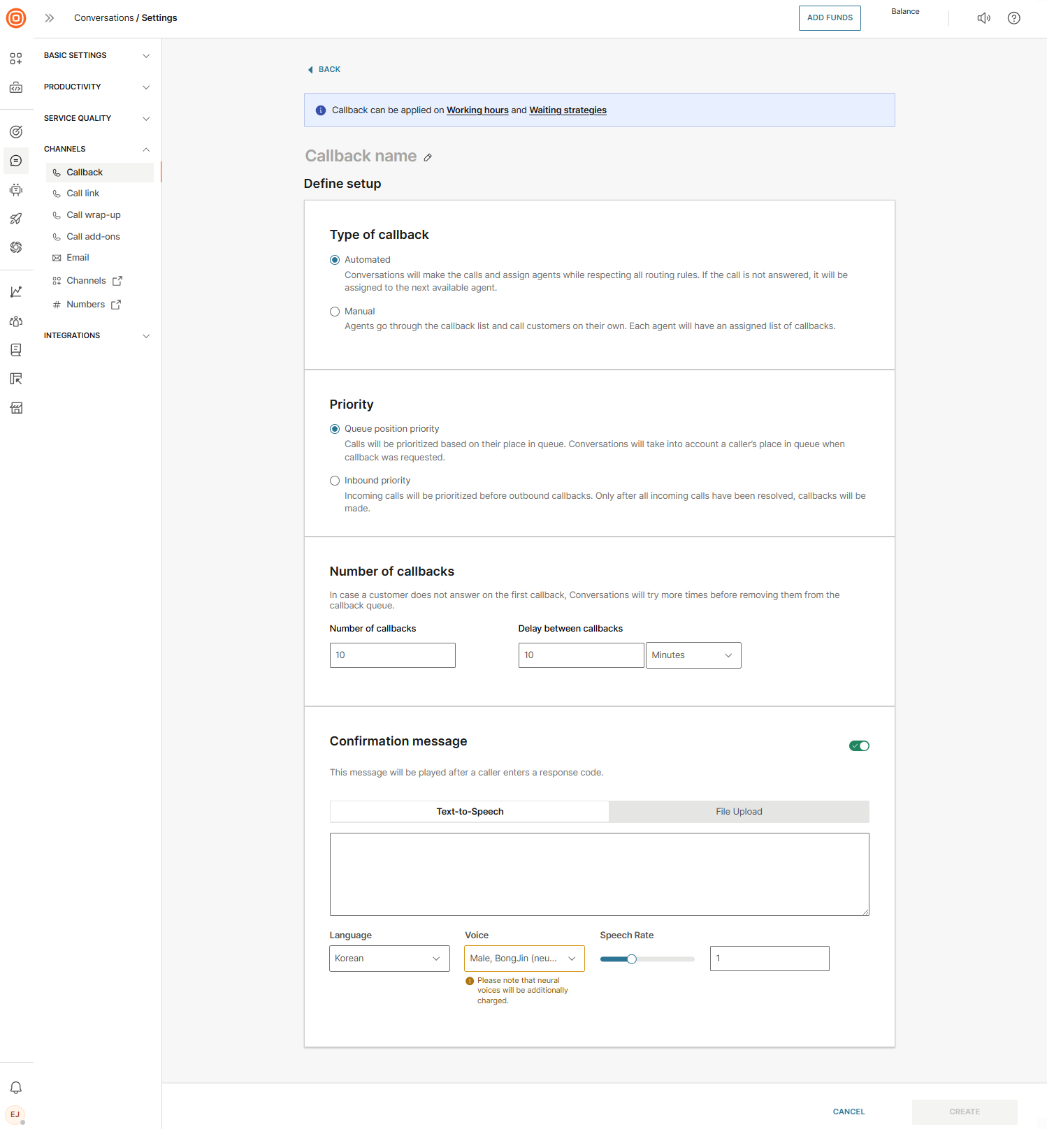 Conversations - Create callback