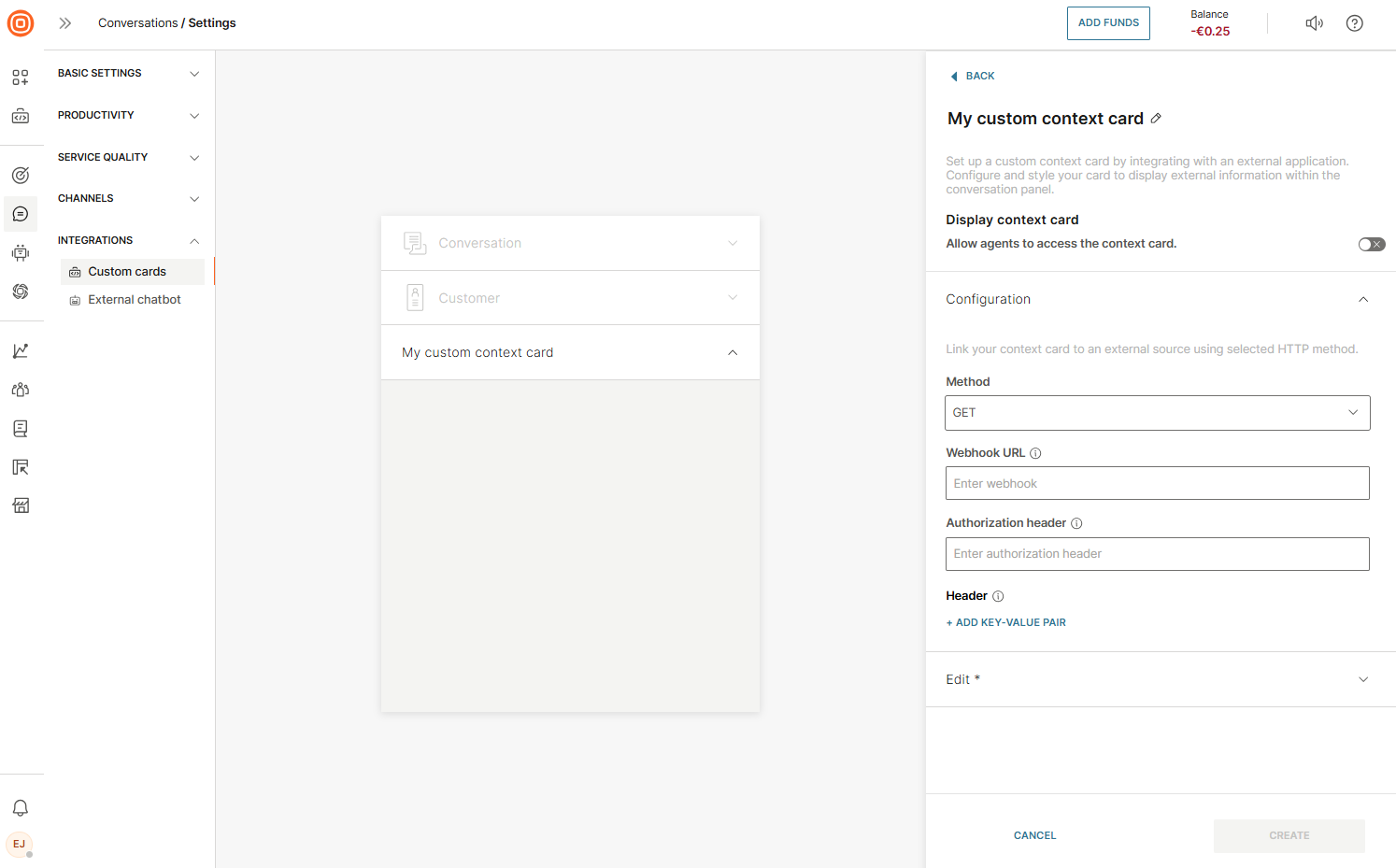 Conversations - Custom context card configuration