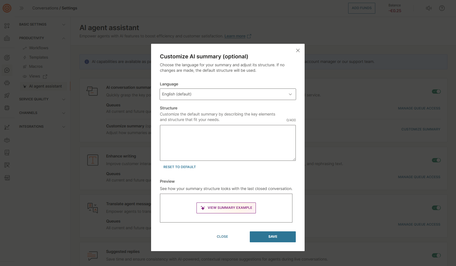 Conversations - AI summary customize