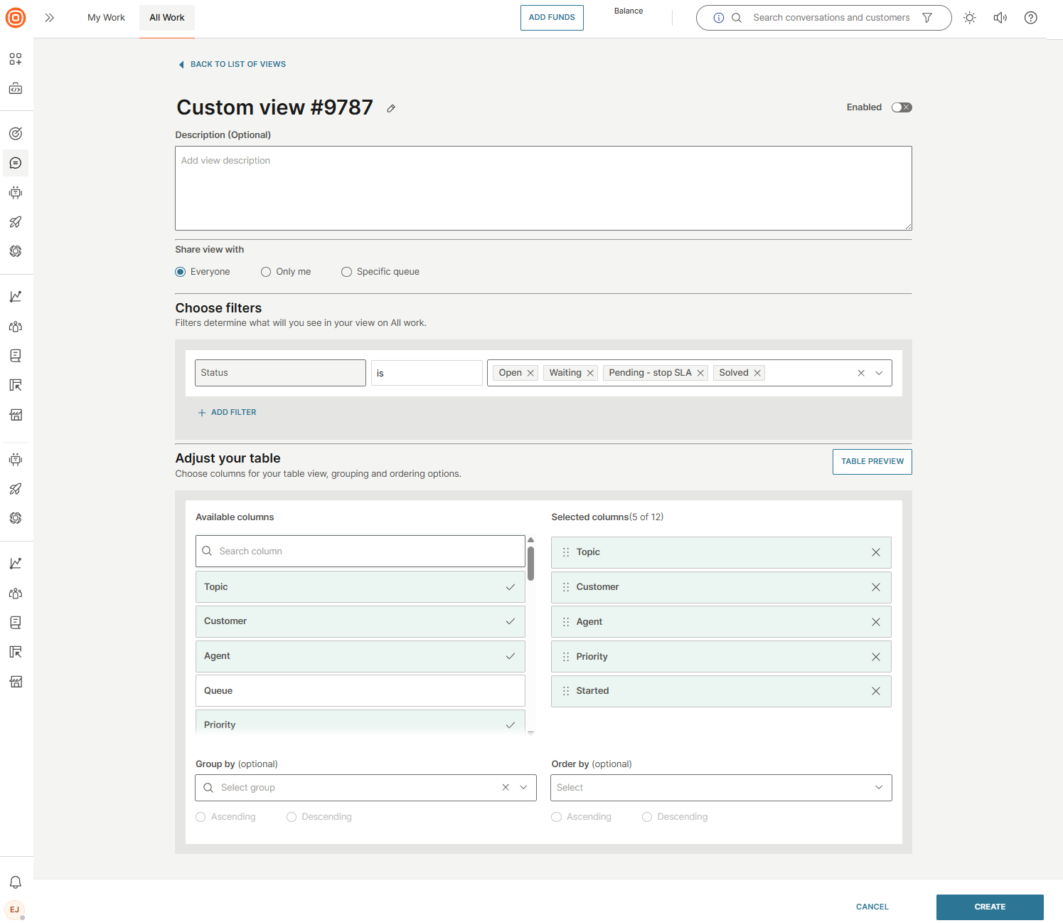 Conversations - Create custom view