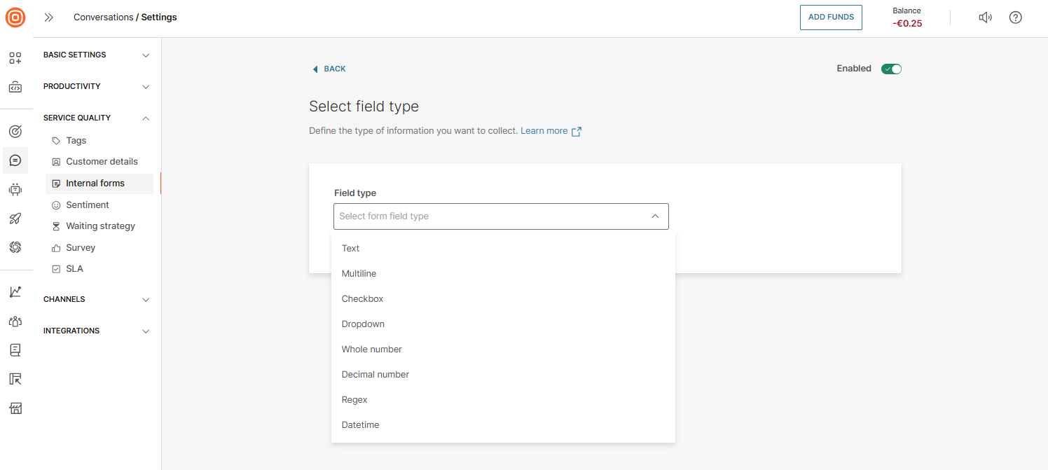 Service quality - Internal forms input fields