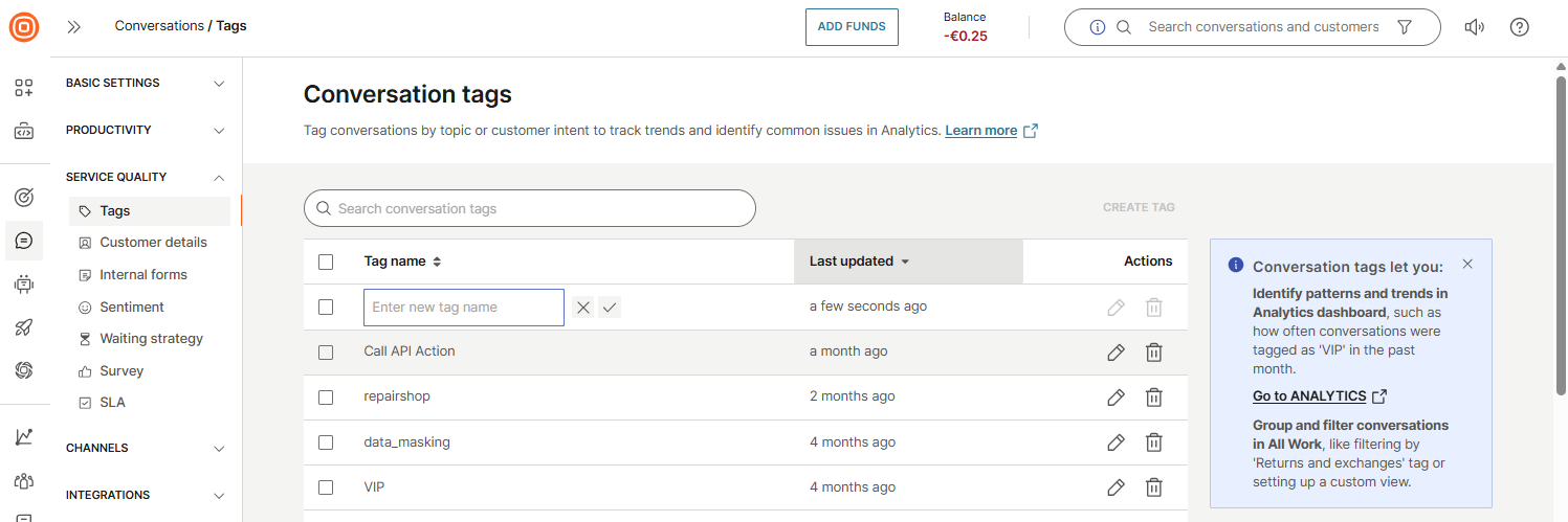 Service quality - Create tags