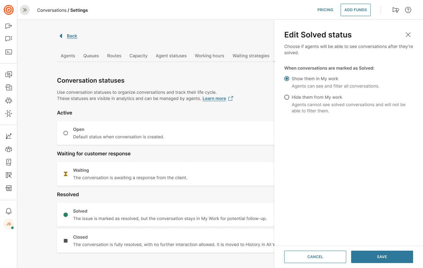 Conversations - Solved status configuration