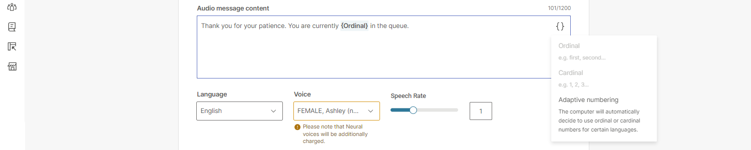 Conversations - Position in queue language and voice selection grayed out