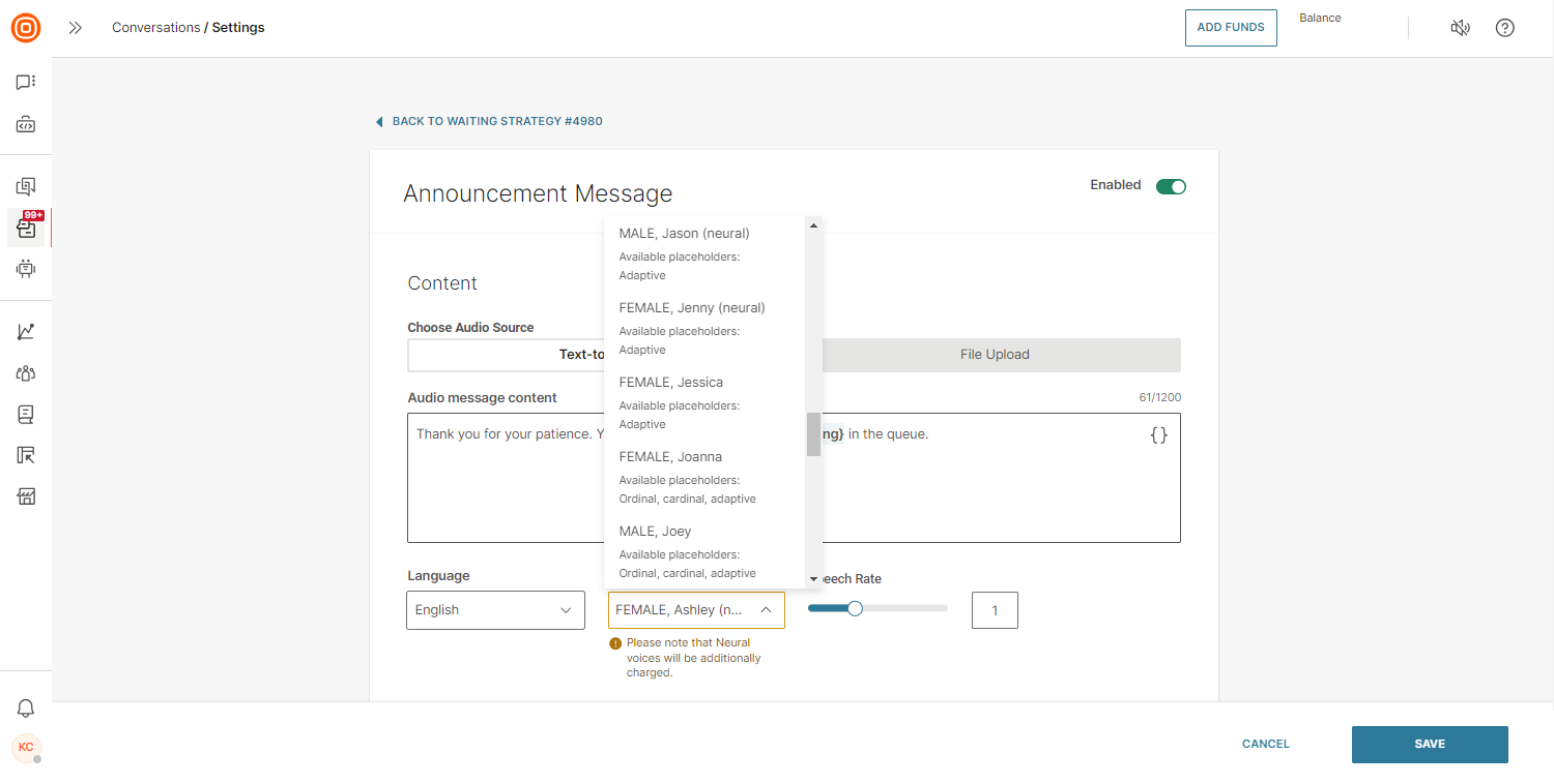 Conversations - Position in queue language and voice selection