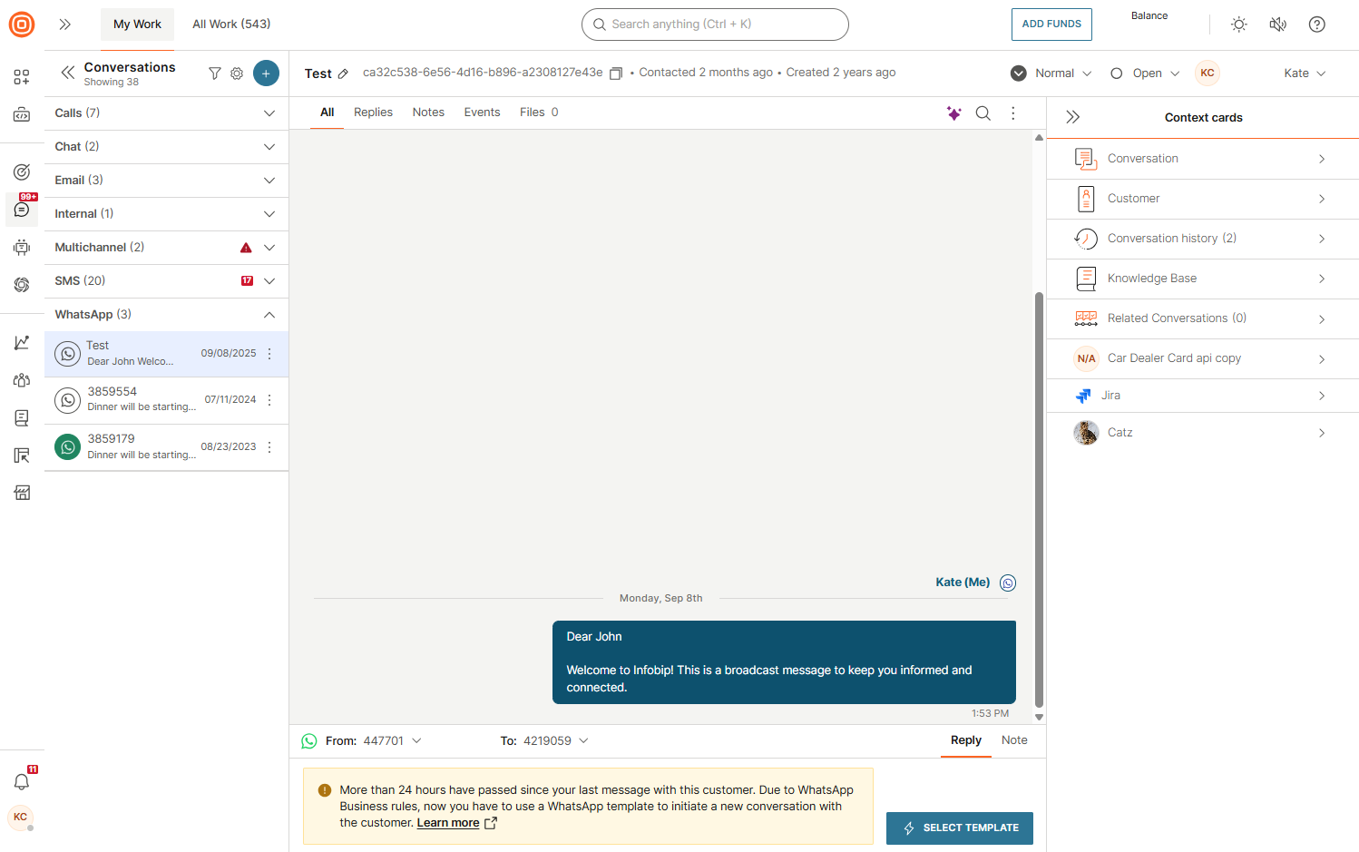 Conversations - WhatsApp template 24 hourse have passed