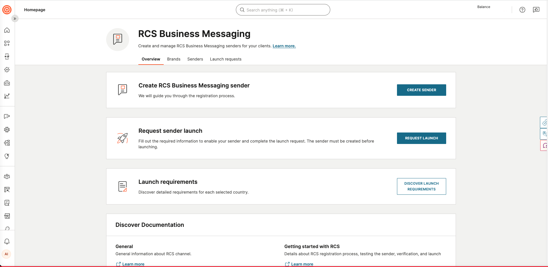 RCS Business Messaging overview showing Create Sender, Request Launch, and Discover launch requirements options