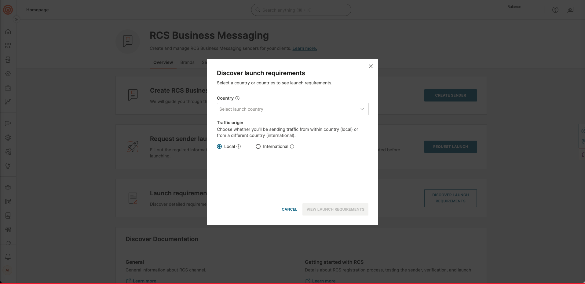 Discover launch requirements dialog with country selection and traffic origin options