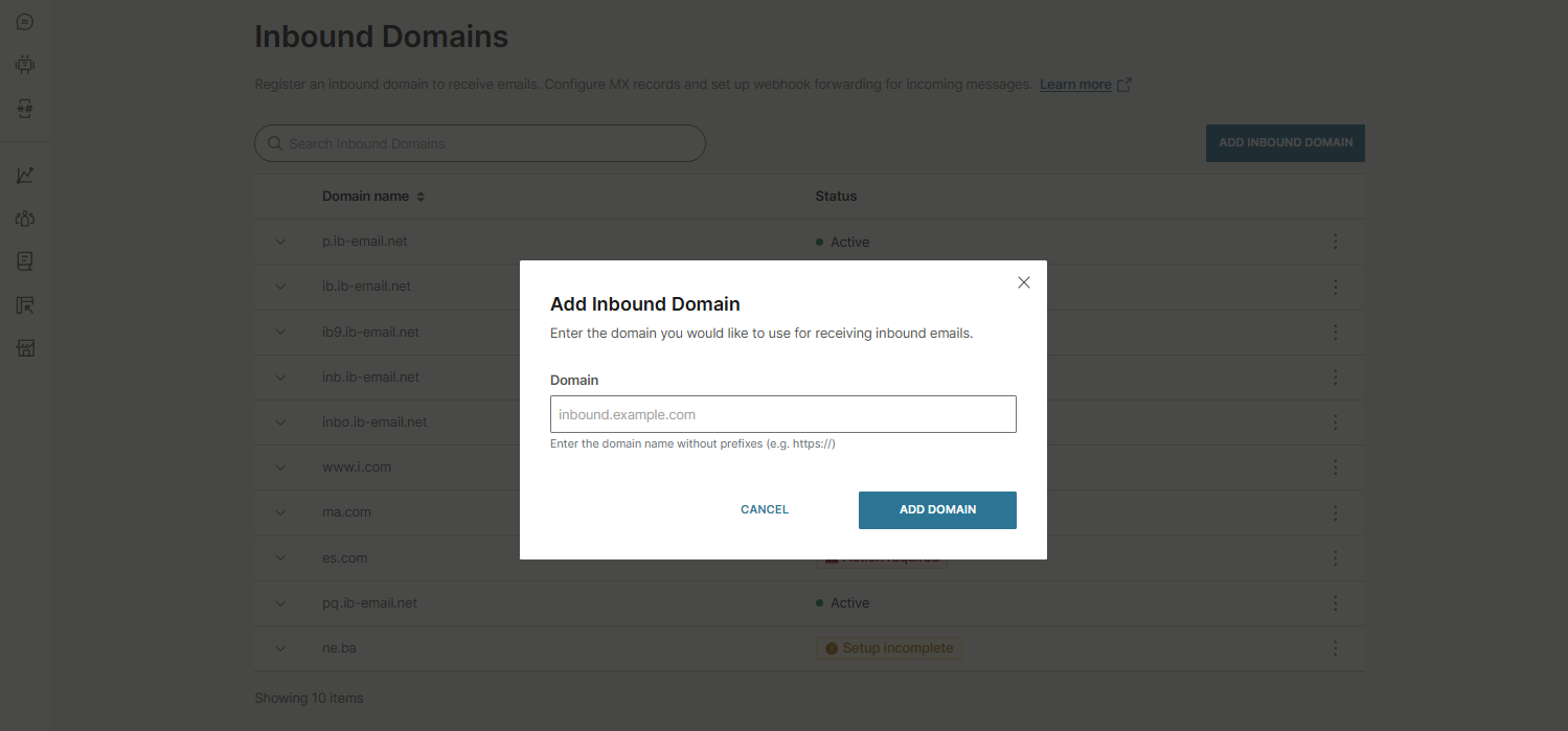 Add inbound domain pop up