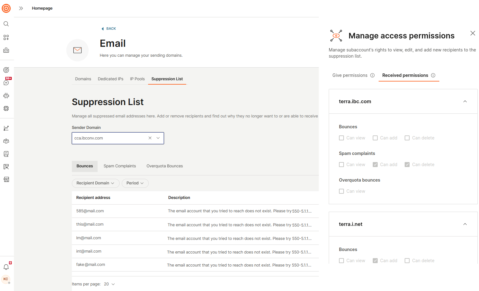 Receive permissions tab