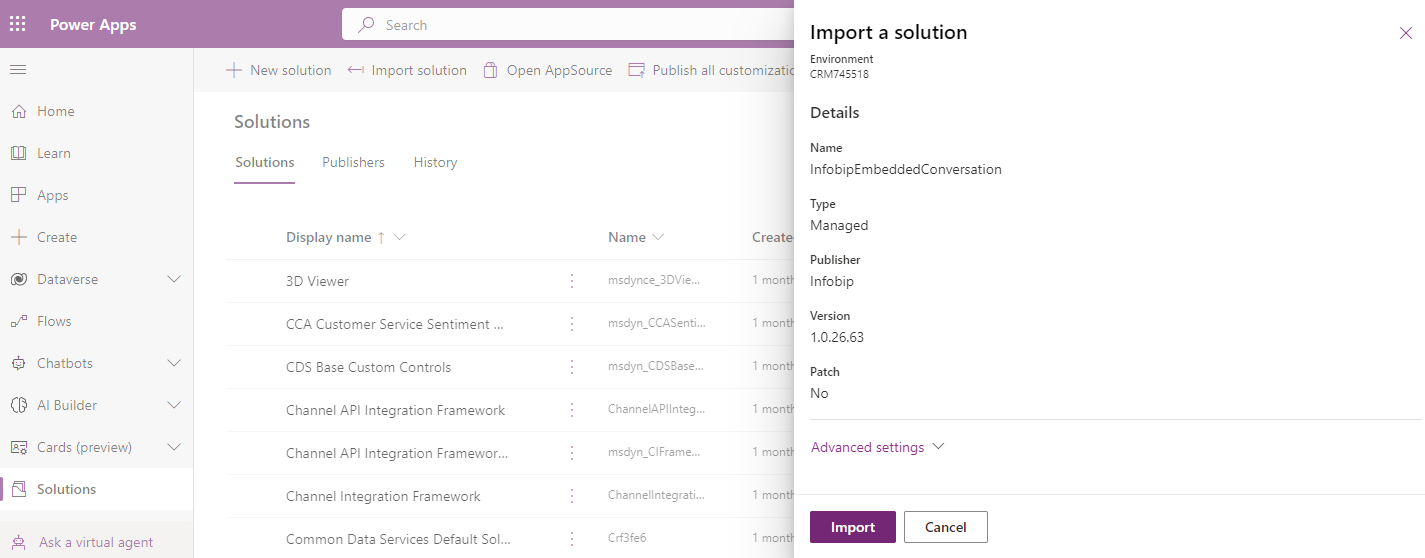 Embeddable Conversations - Import solution installation final step