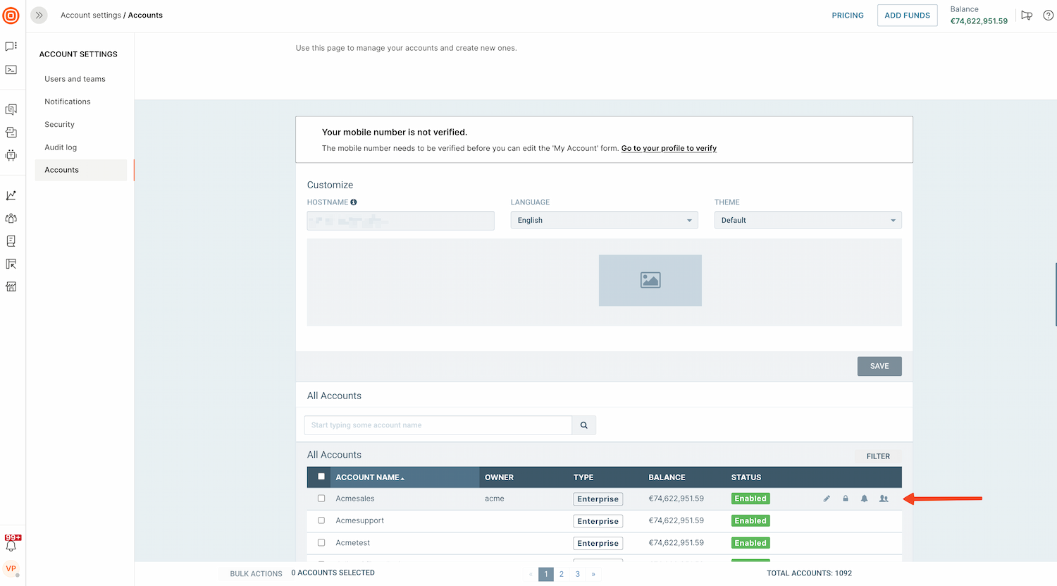 Essentials - Manage subaccounts