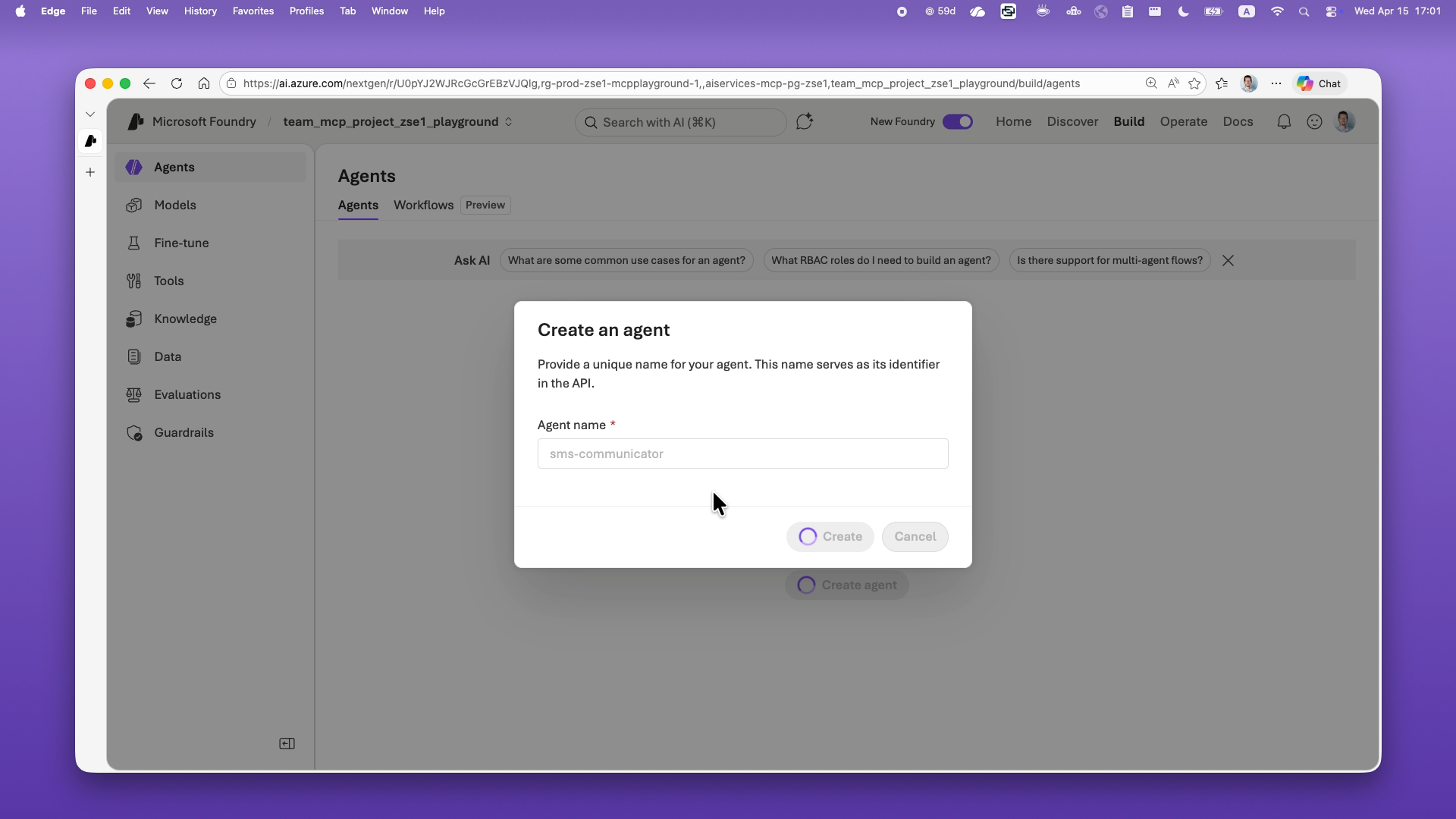 Create an agent dialog with the agent name field