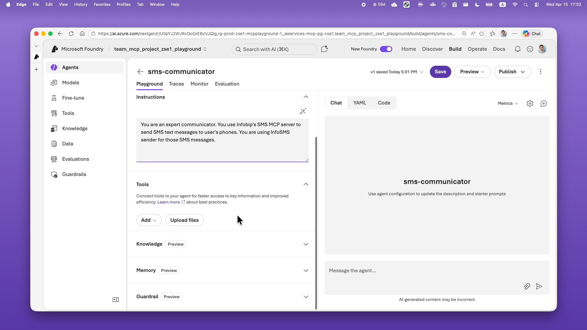 Agent playground showing the sms-communicator agent with the model and instructions configured