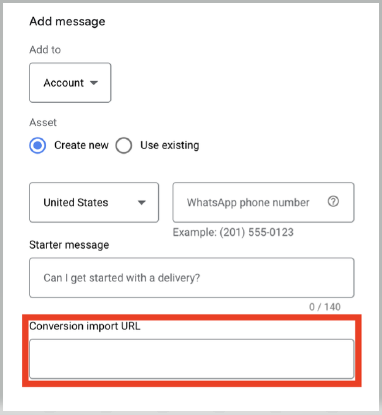 GCTWA - Google Message Ads - Conversion Import URL