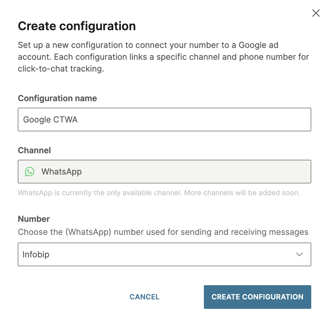 GCTWA - Select phone number and configuration name
