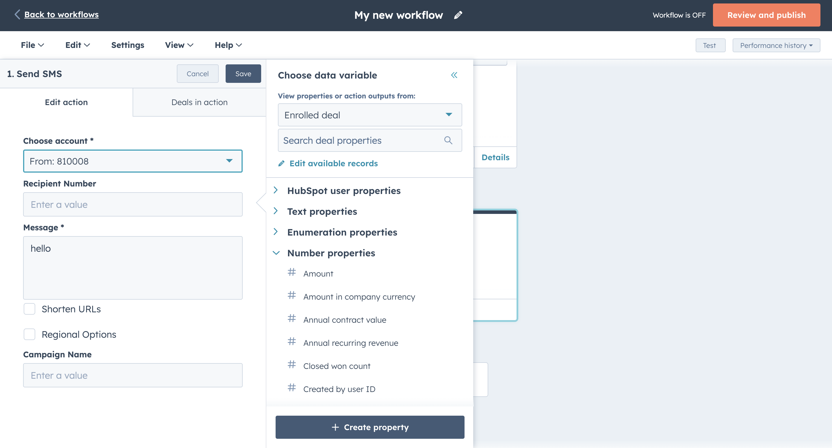 HubSpot messaging SMS workflow action