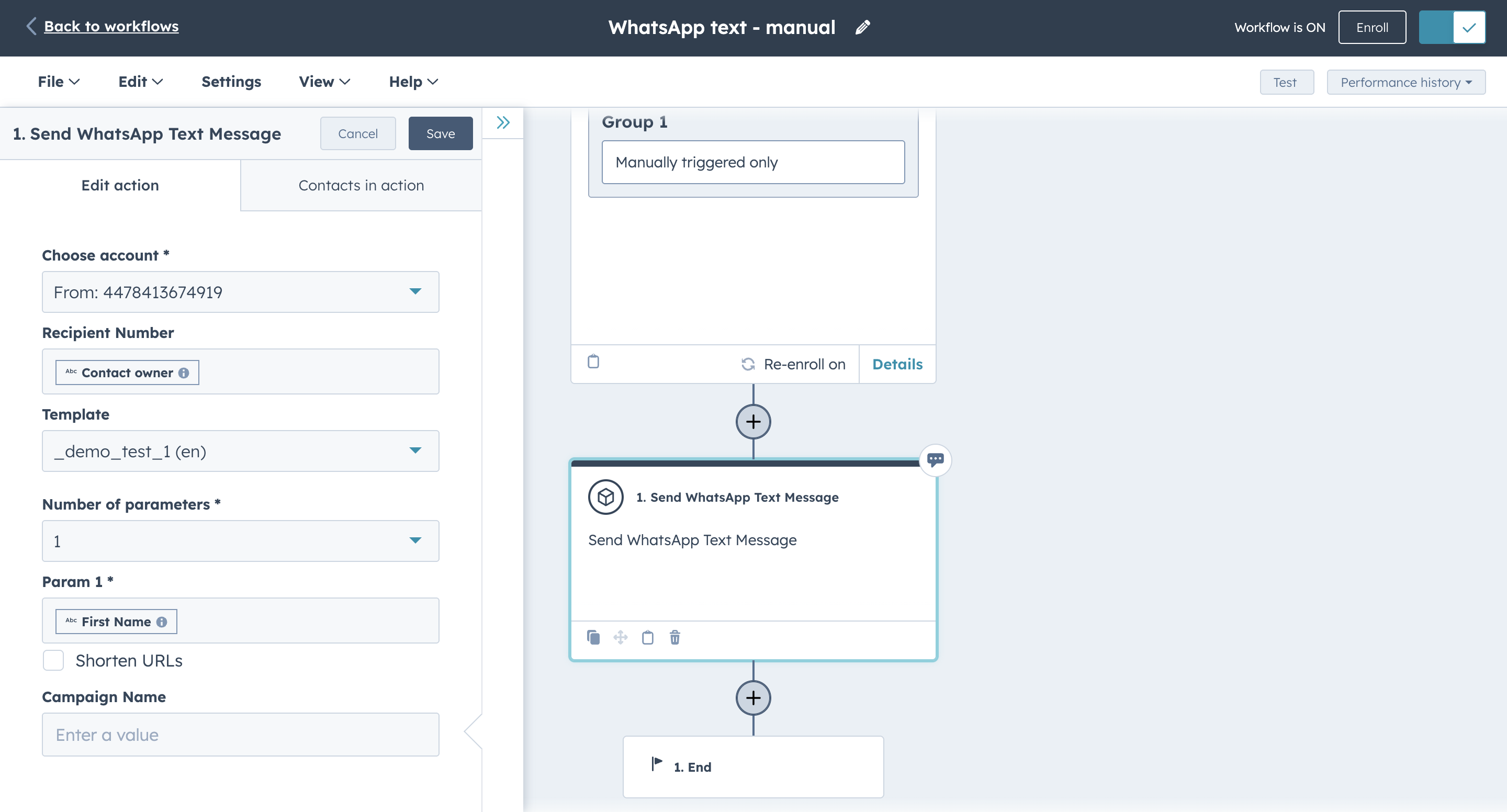 HubSpot messaging WhatsApp text message workflow