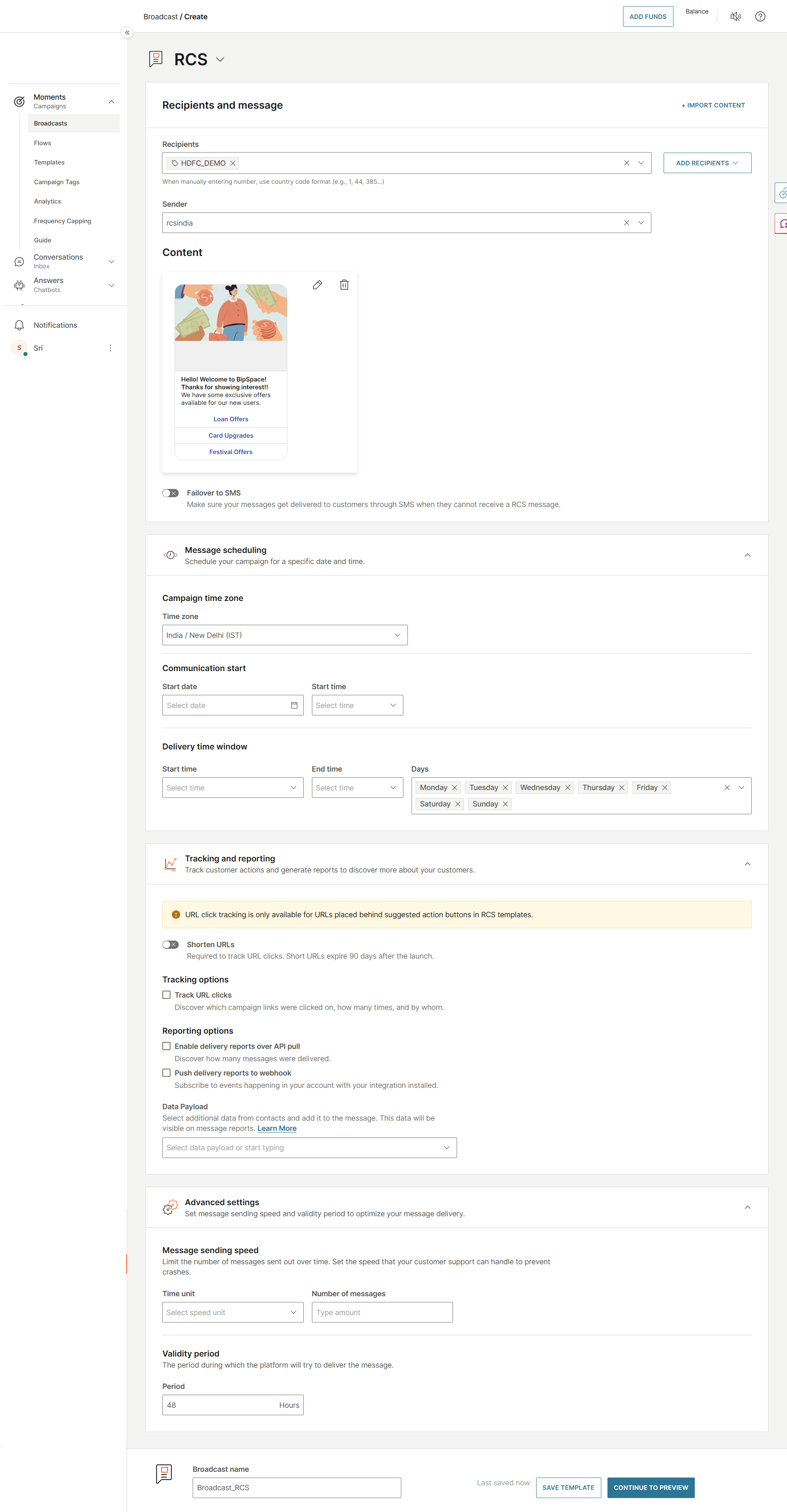 Broadcast configuration showing recipients, message preview, scheduling, tracking, and advanced settings