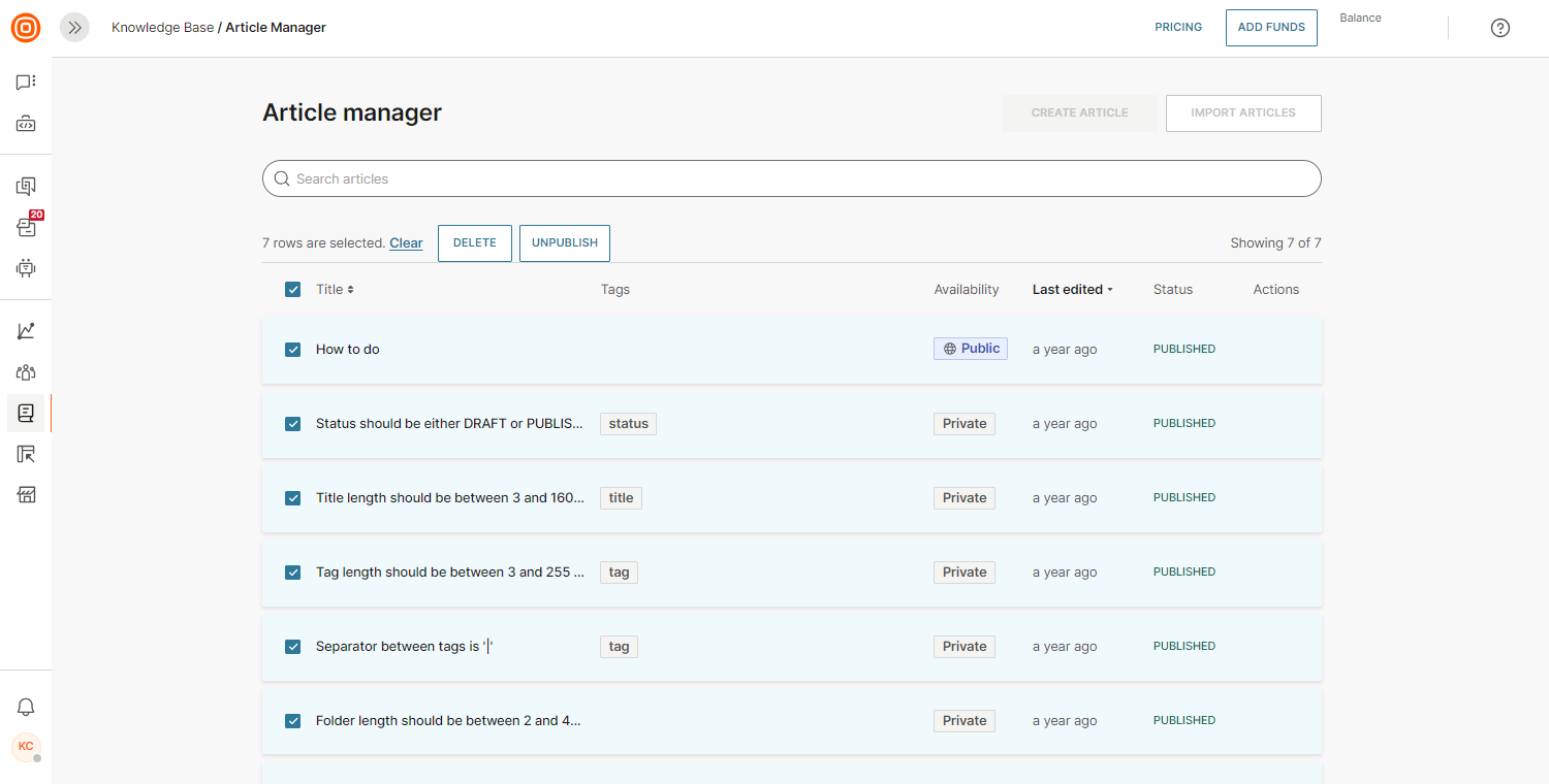 Knowledge Base - Bulk actions