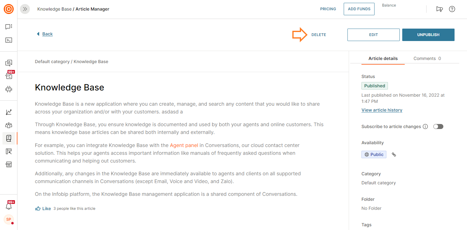 Knowledge Base - Delete an article within