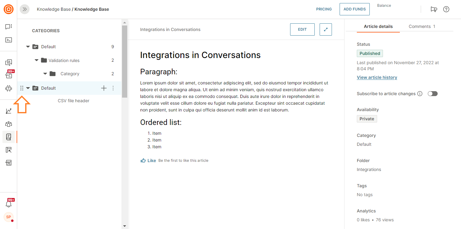 Knowledge Base - Drag and drop action