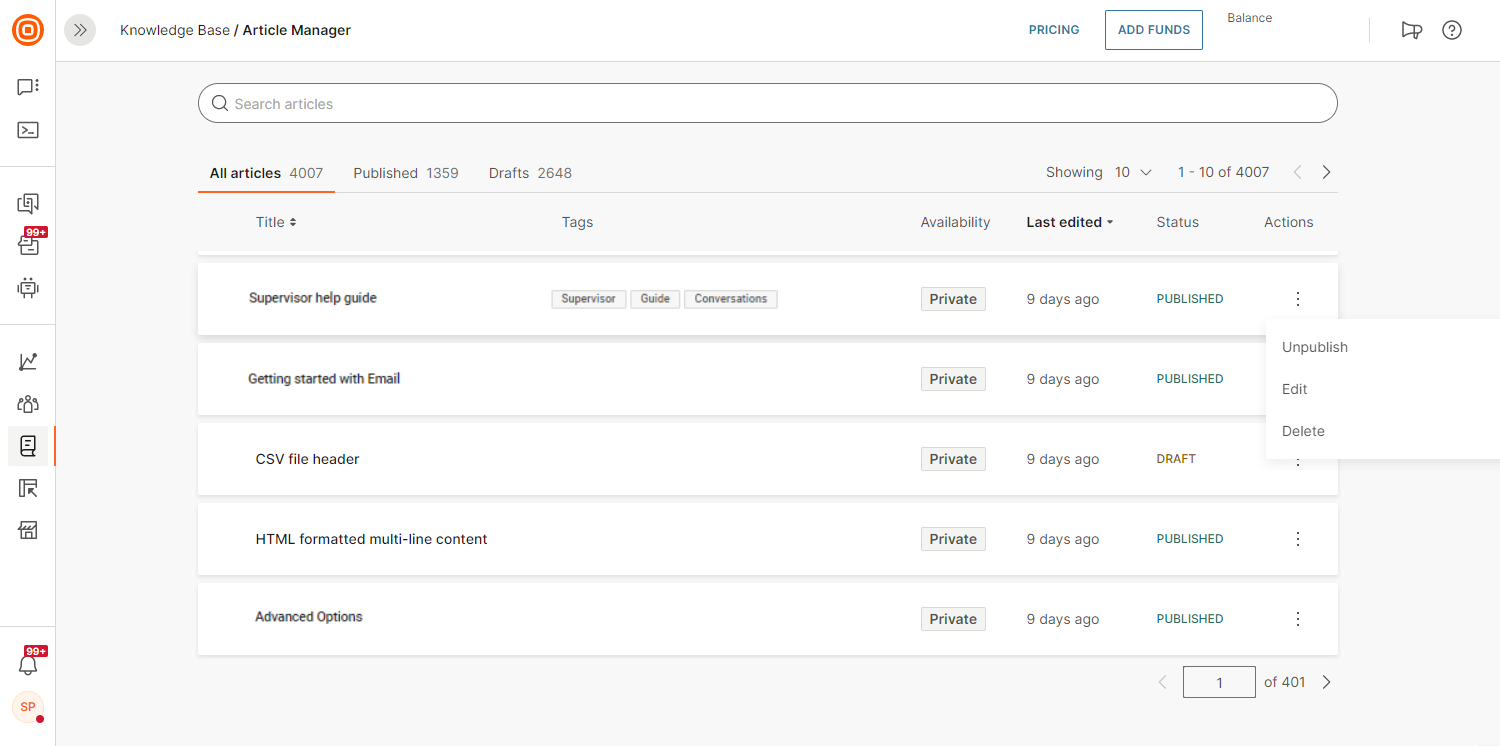 Knowledge Base - Unpublish, delete or edit articles