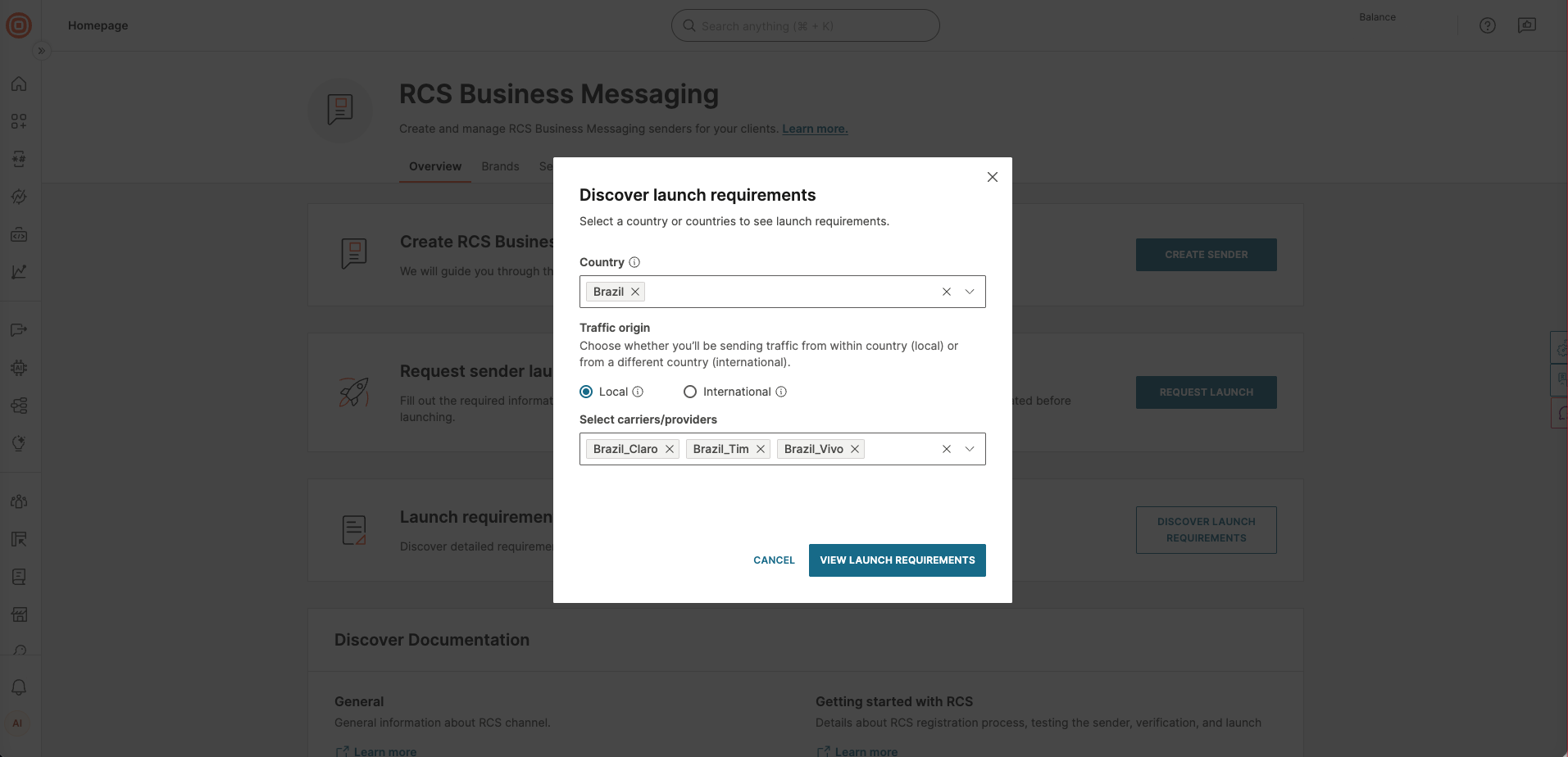 Discover launch requirements dialog with a country, carriers, and local traffic selected