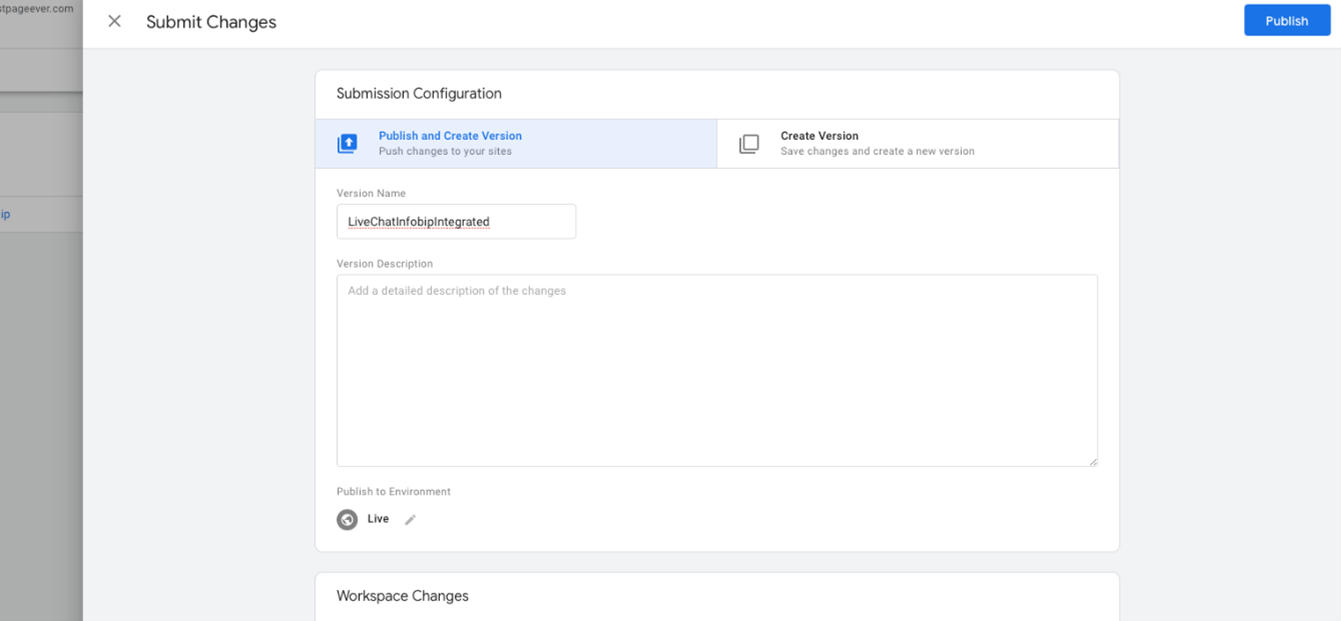 Live Chat - Publish created tag in Google Tag Manager