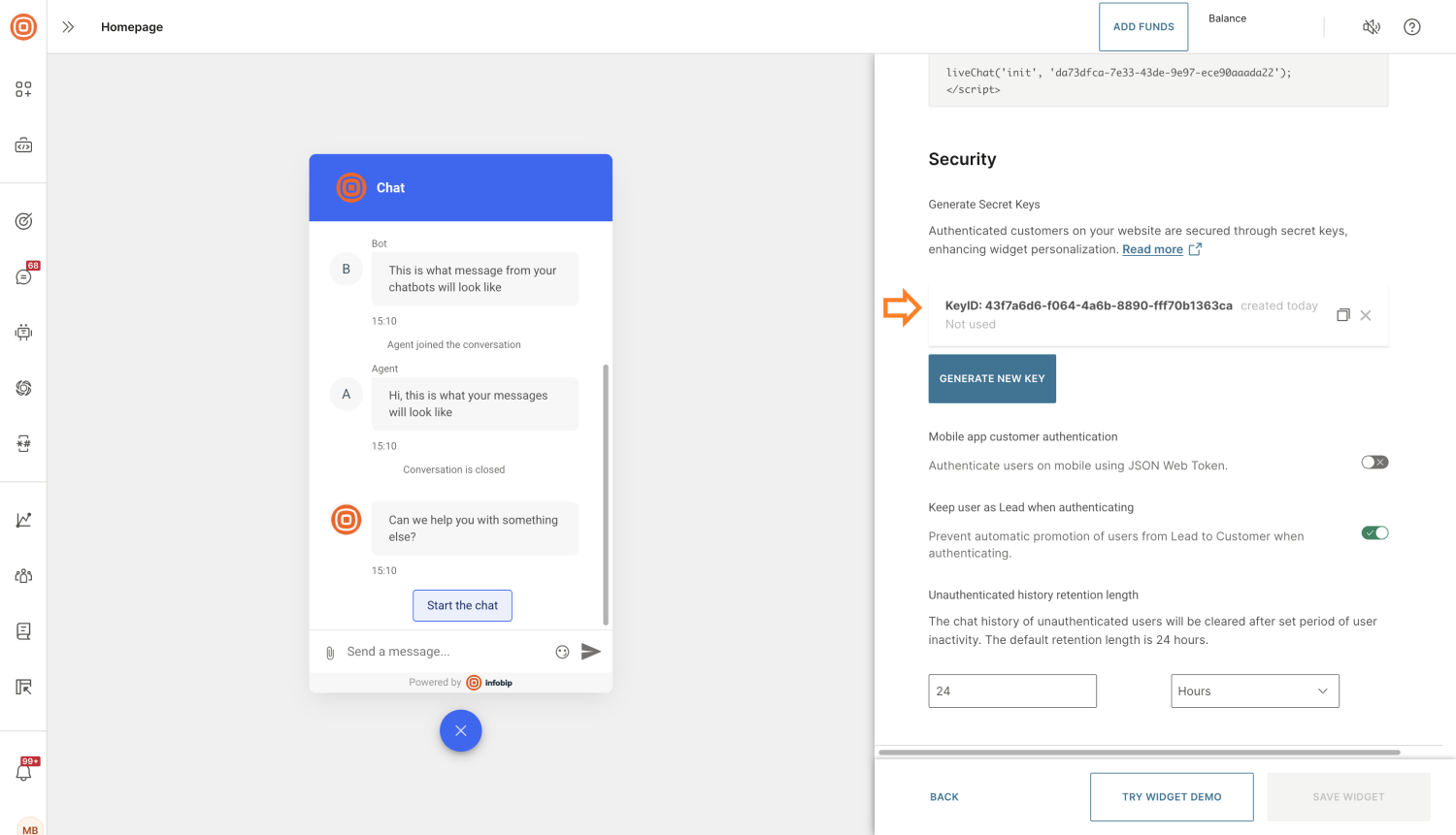 Live Chat - Obtain secret key