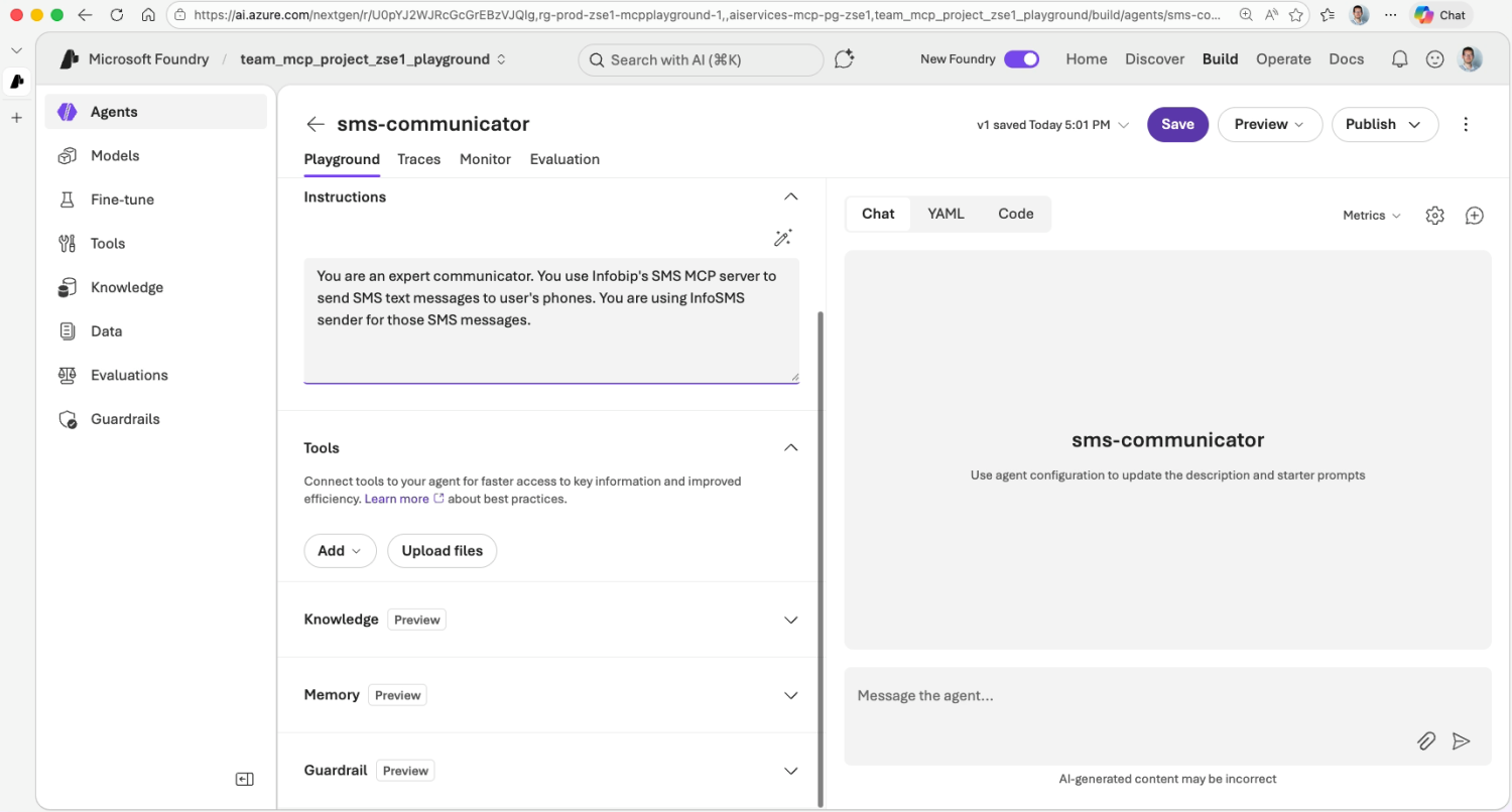 Agent playground showing the sms-communicator agent with the model and instructions configured
