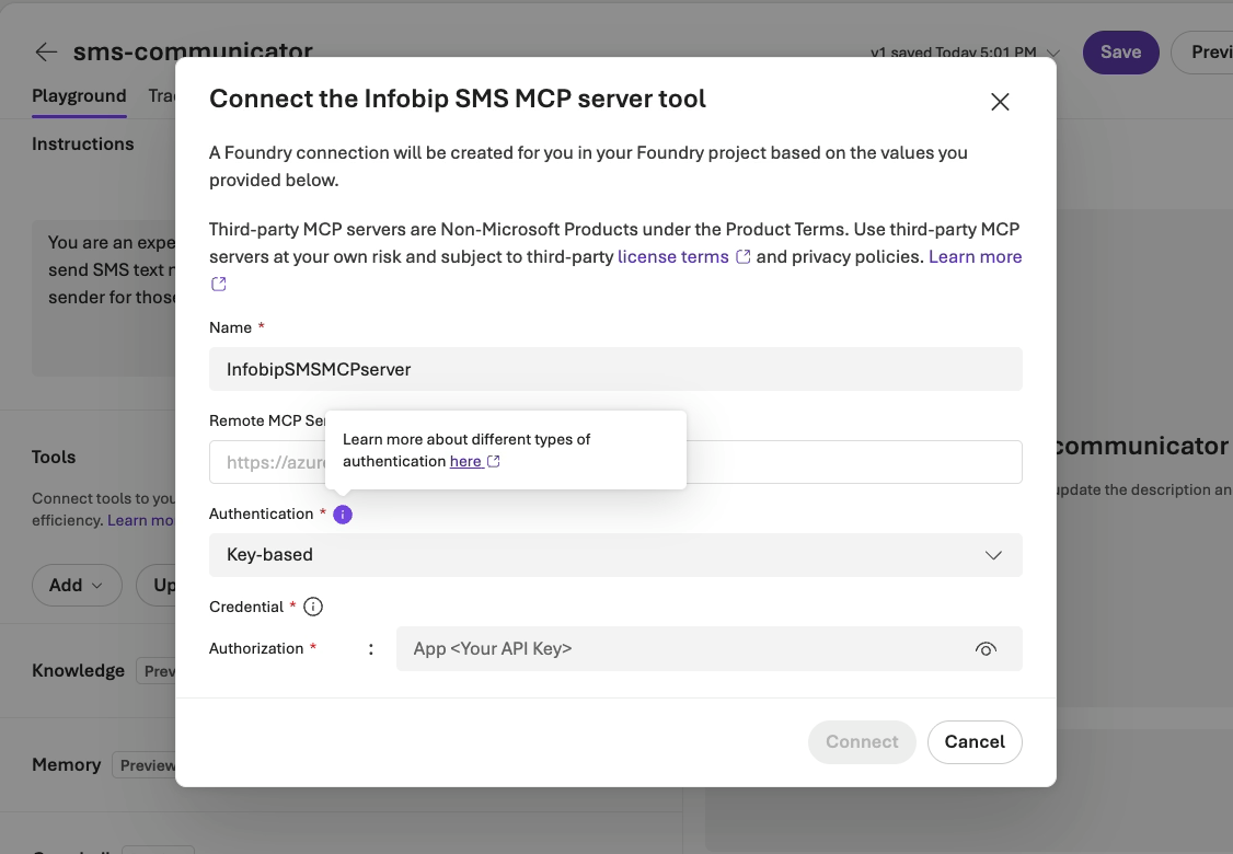 Connect tool dialog with Key-based authentication selected