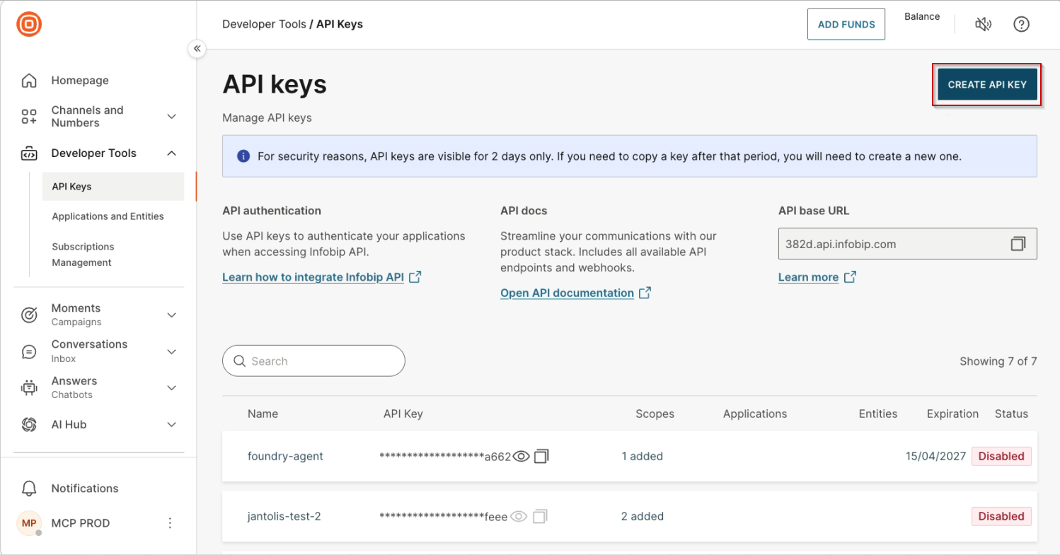 Infobip Portal API Keys page with existing keys and the CREATE API KEY button