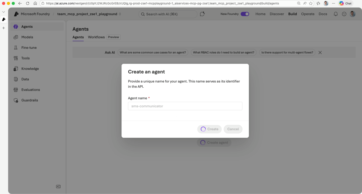 Create an agent dialog with the agent name field