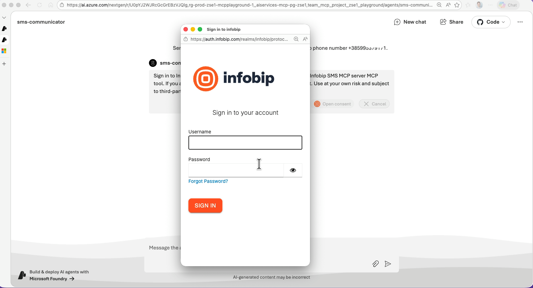 Infobip OAuth sign-in popup with username and password fields