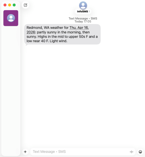 SMS received on the destination phone showing the Redmond weather forecast