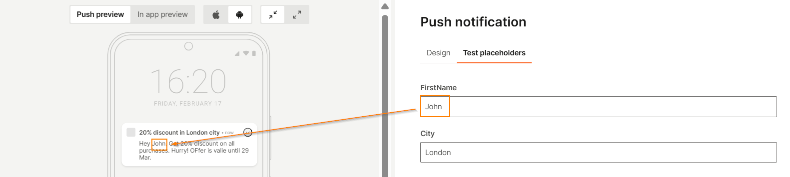 Placeholders in the preview