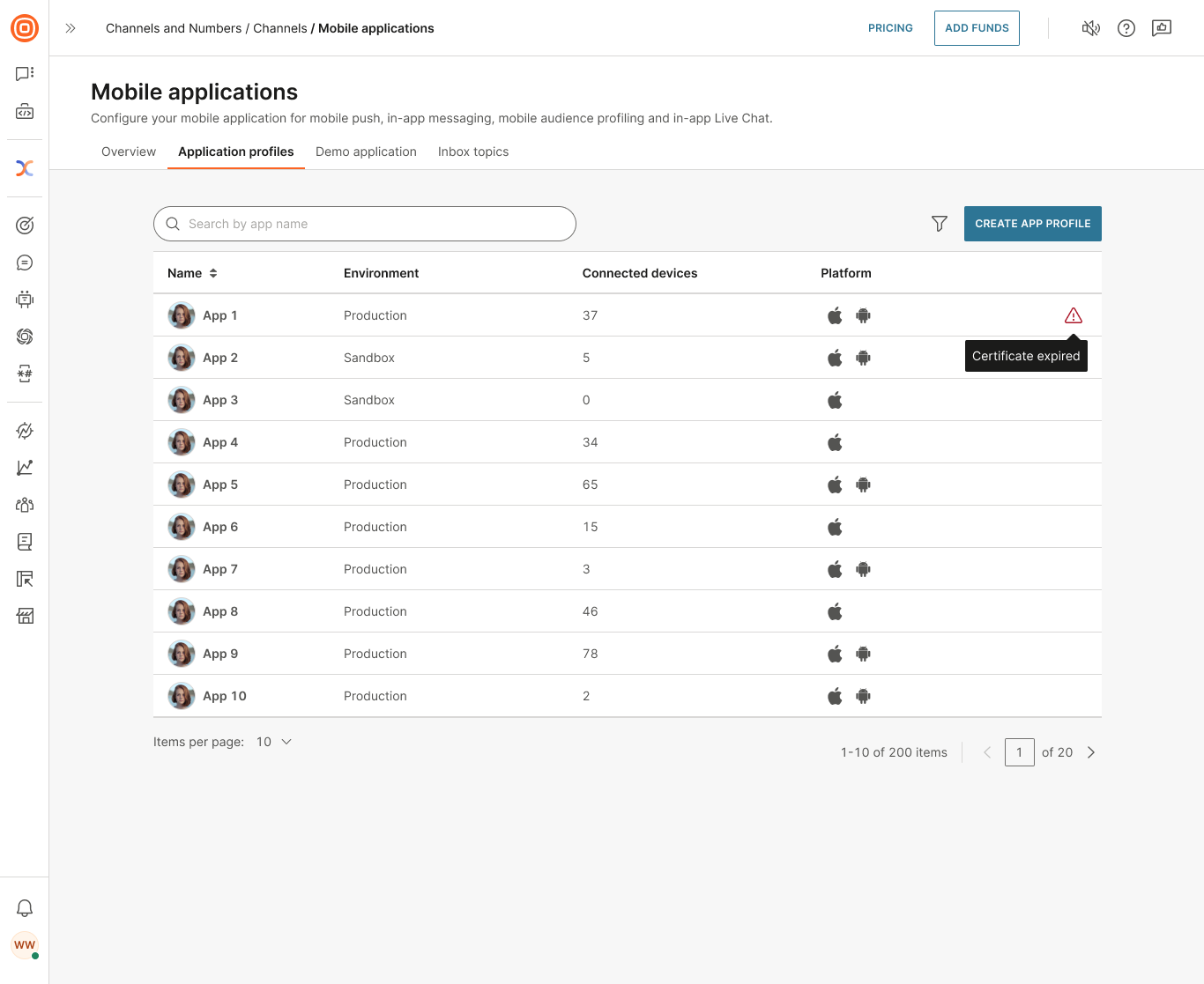 Image that shows the Application profiles page